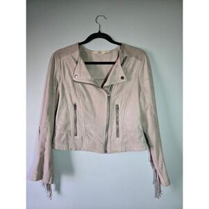 Hollister Faux Suede Fringe Moto Jacket Taupe Cropped Boho Western Size Medium